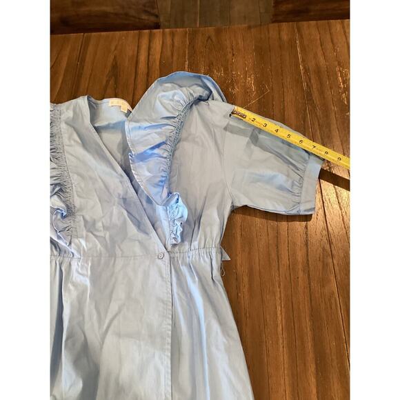 Karlie morgan poplin Wrap Tie Ruffle Puff Sleeves Mini Dress Blue Cotton Large - Picture 7 of 10